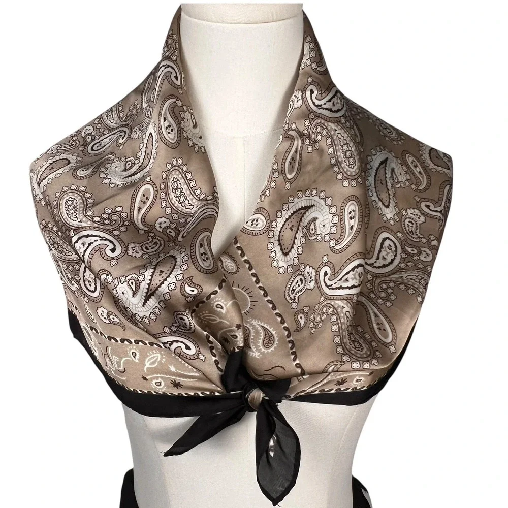 Paisley Silk Feeling Polyester Scarf Beige Cream Brown Border Pocket Square Hair